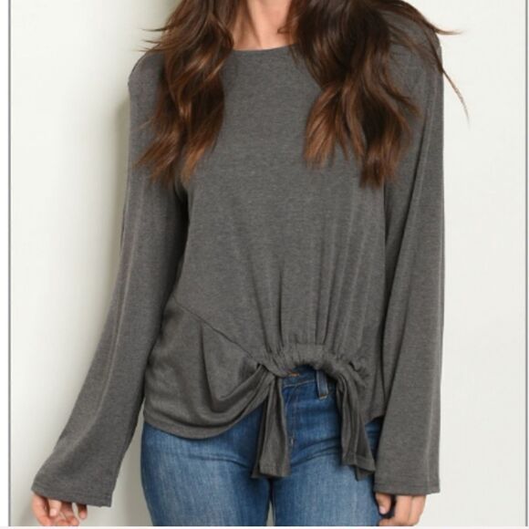 Grey Flare Sleeve Tie Front Top S  L - Picture 1 of 2